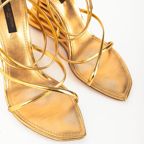 Louis Vuitton Lime Wedge Gold Leather Stepped-Heel Sandals - Picture 6 of 11